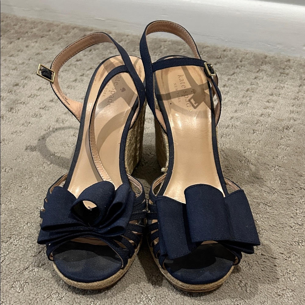 kate spade Navy Bow Espadrille Wedge Sandals with Ankle Strap